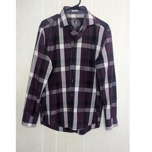 Bugatchi shaped fit men shirt check plaid print button down long sleeve size Med